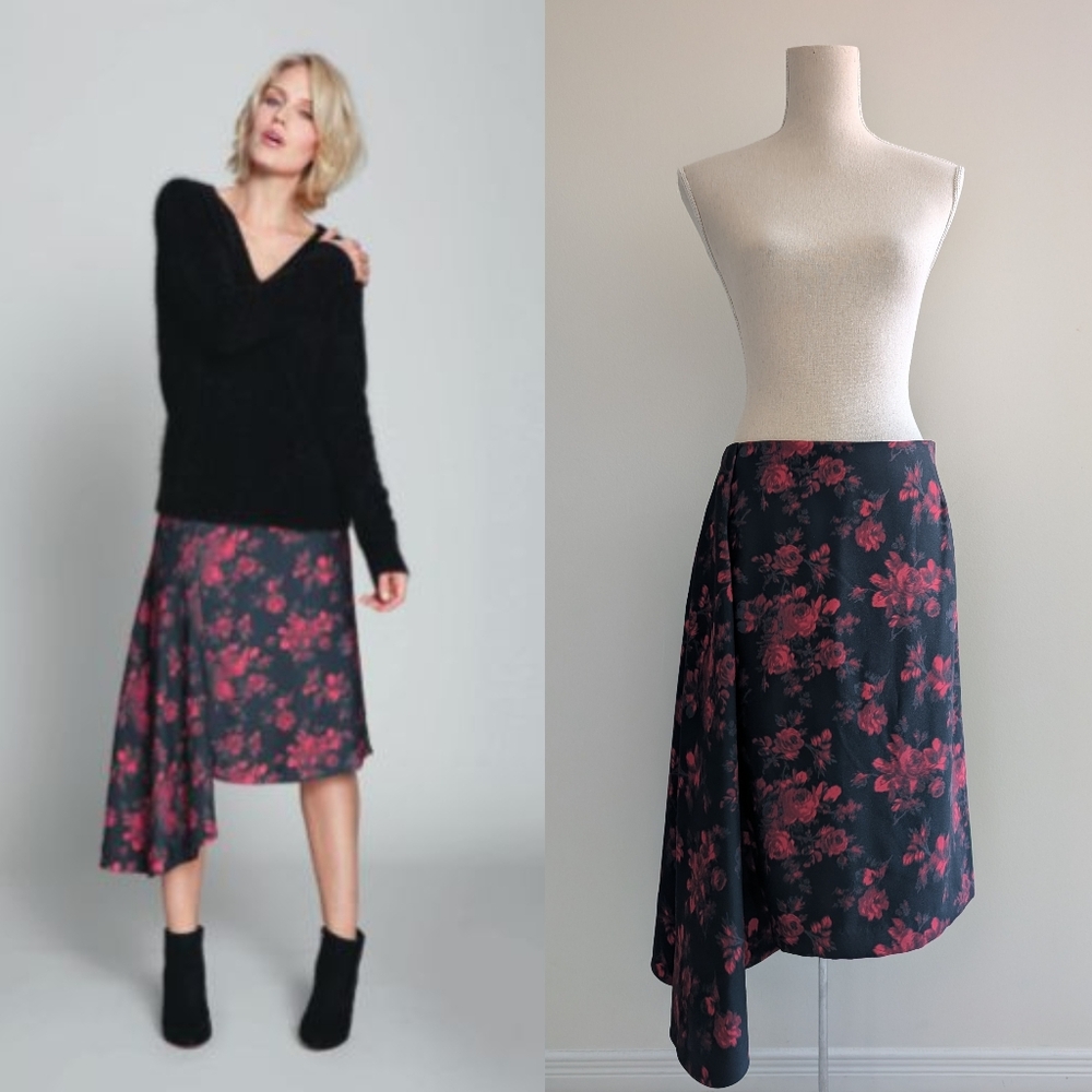New Lord & Taylor Floral Rose Print Asymmetrical Black and Red Skirt